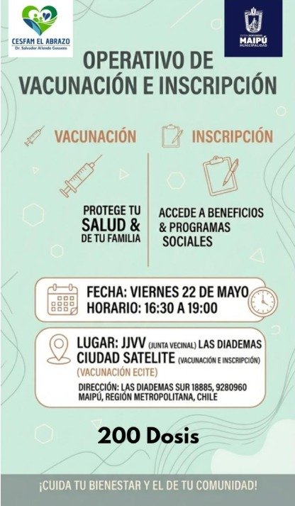 Viernes 22 de mayo - Operativo de Vacunación e Inscripciones en CESFAM El Abrazo