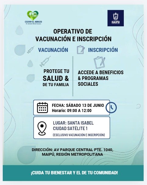 Sábado 13 de Junio - Operativo de Vacunación e Inscripción CESFAM El Abrazo